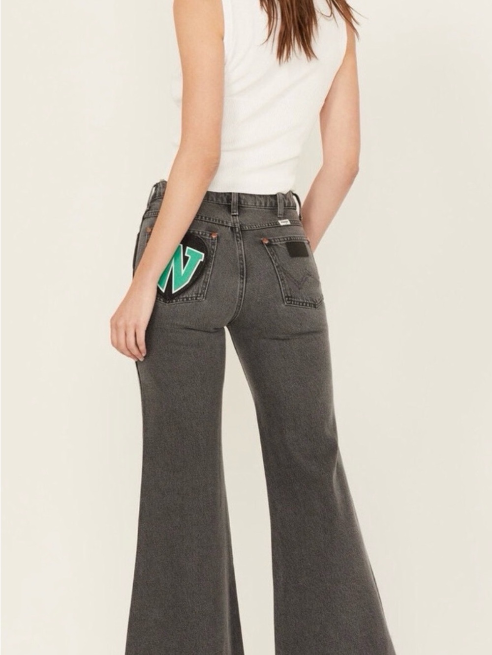 Wrangler Dark Gray Flare Jeans with Green Pocket Accent